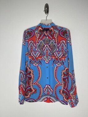 Hale Bob Blue Print 100% Silk Long Sleeve Flip Pockets Shirt Size Large